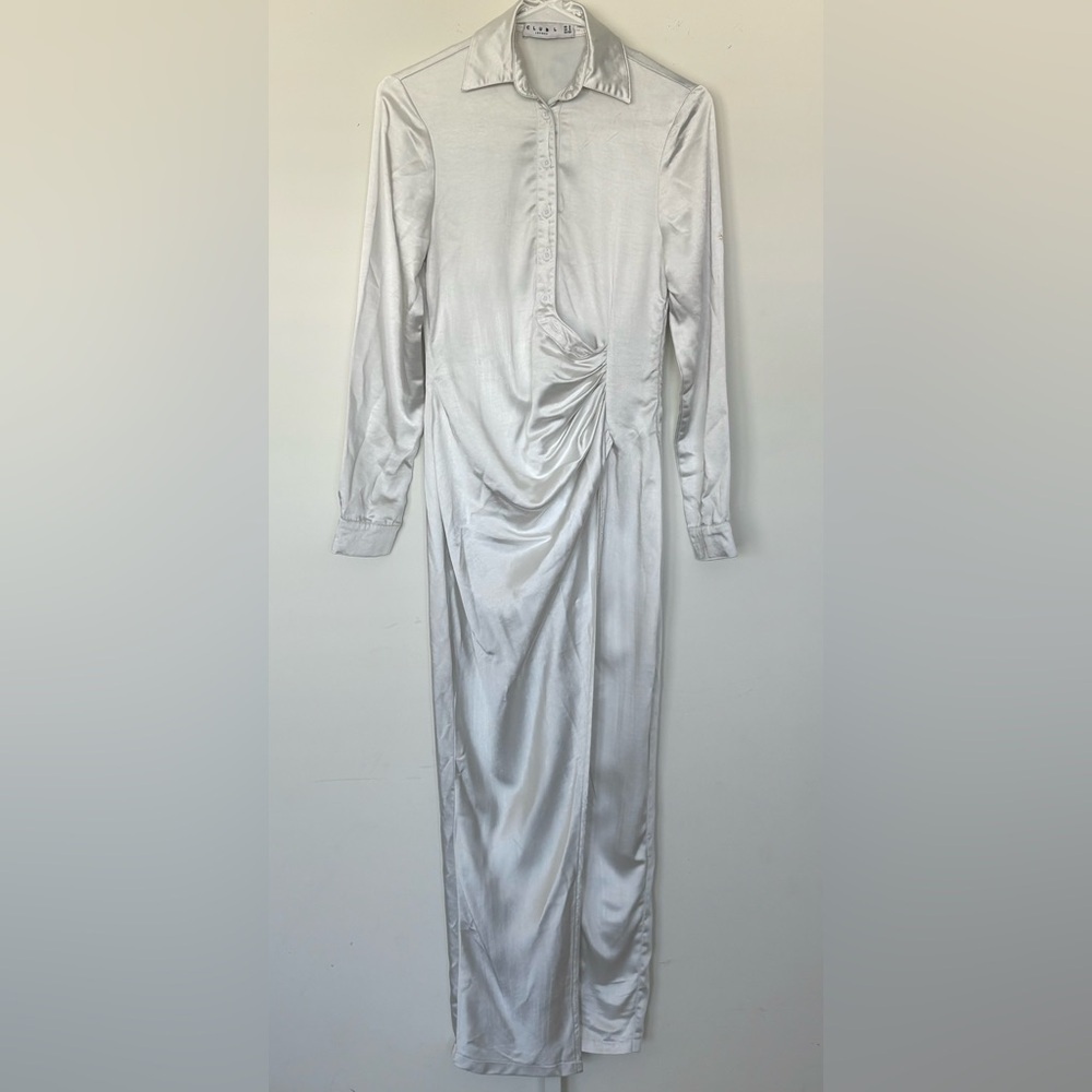 Club L London Silver Satin Wrap Front Maxi Dress Long Sleeve Size 2